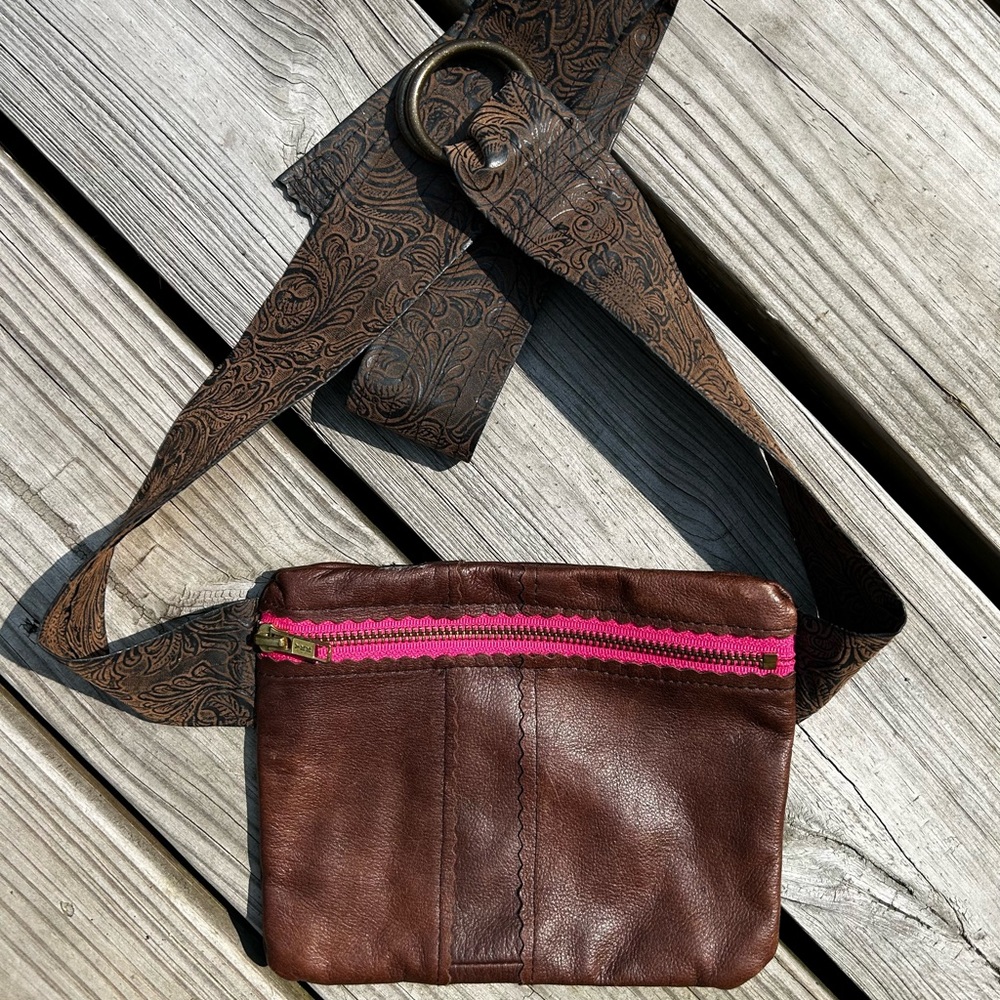 Brown Leather Hip Bag with Pink Accent….